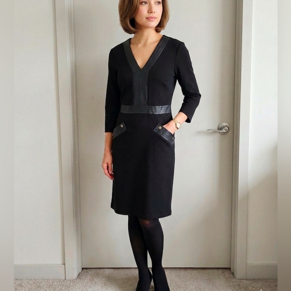 Nanette Lepore Black Ponte Dress Faux Leather Trim Size 2